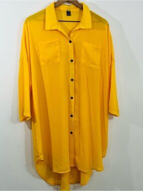Gomorn Beautiful Yellow Sheer Tunic 3/4 Sleeve Collared Button Down One Size